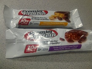 Premier Protein Bars. To my dismay, contains sucralose...